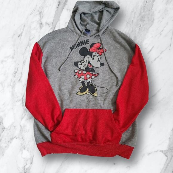 Disney Minnie Mouse Gray Oversized Graphic Red Sleeve Hoodie Small - Picture 11 of 12